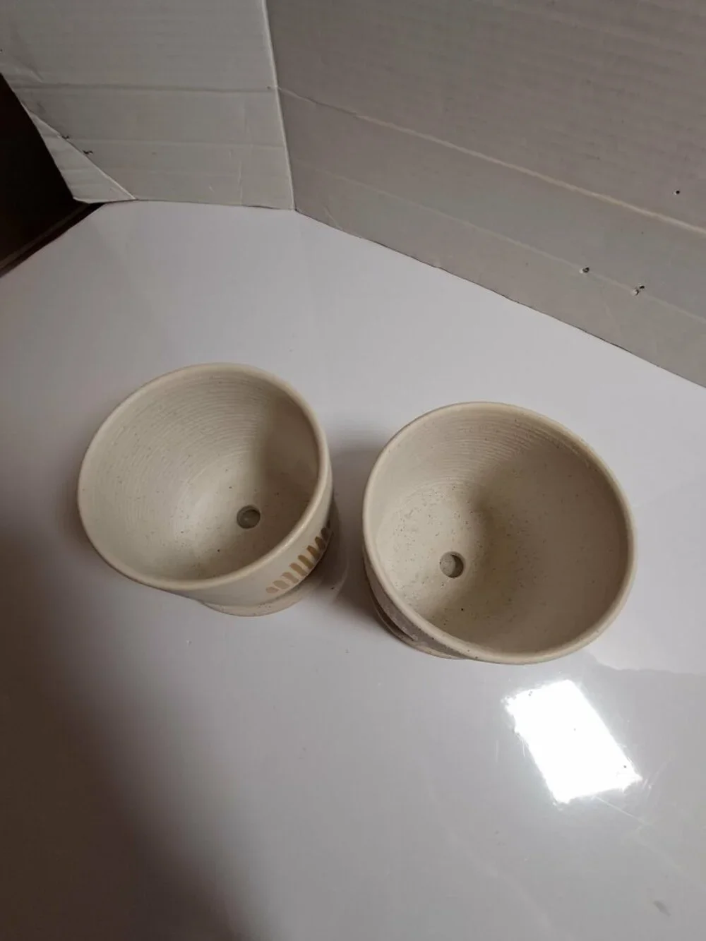 2 Pc Beige Ceramic Vases Blue Gold Speckled Set